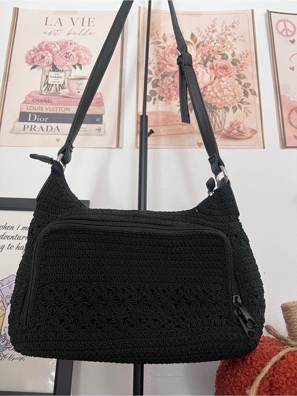 Worthington Black Woven Shoulder Bag Multi Zip Hobo Purse